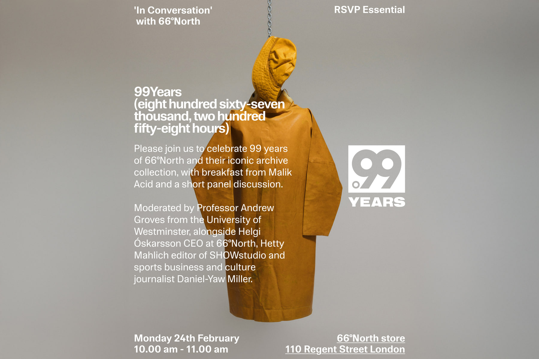 Invitation to 66°North’s 99th-anniversary archive discussion, showing a yellow coat and naming Andrew Groves as moderator.