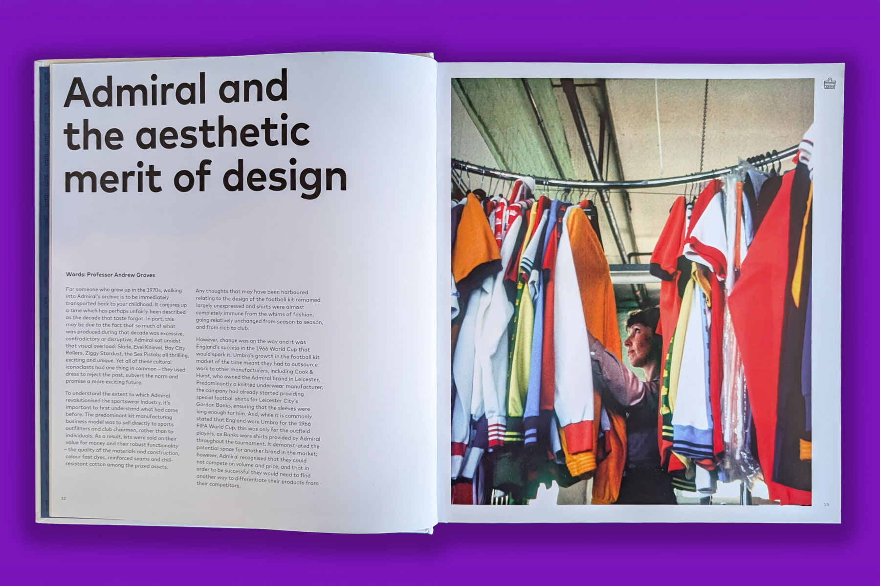 Opening spread of Andrew Groves’s chapter “Admiral and the aesthetic merit of design”, beside a photograph of football shirts.