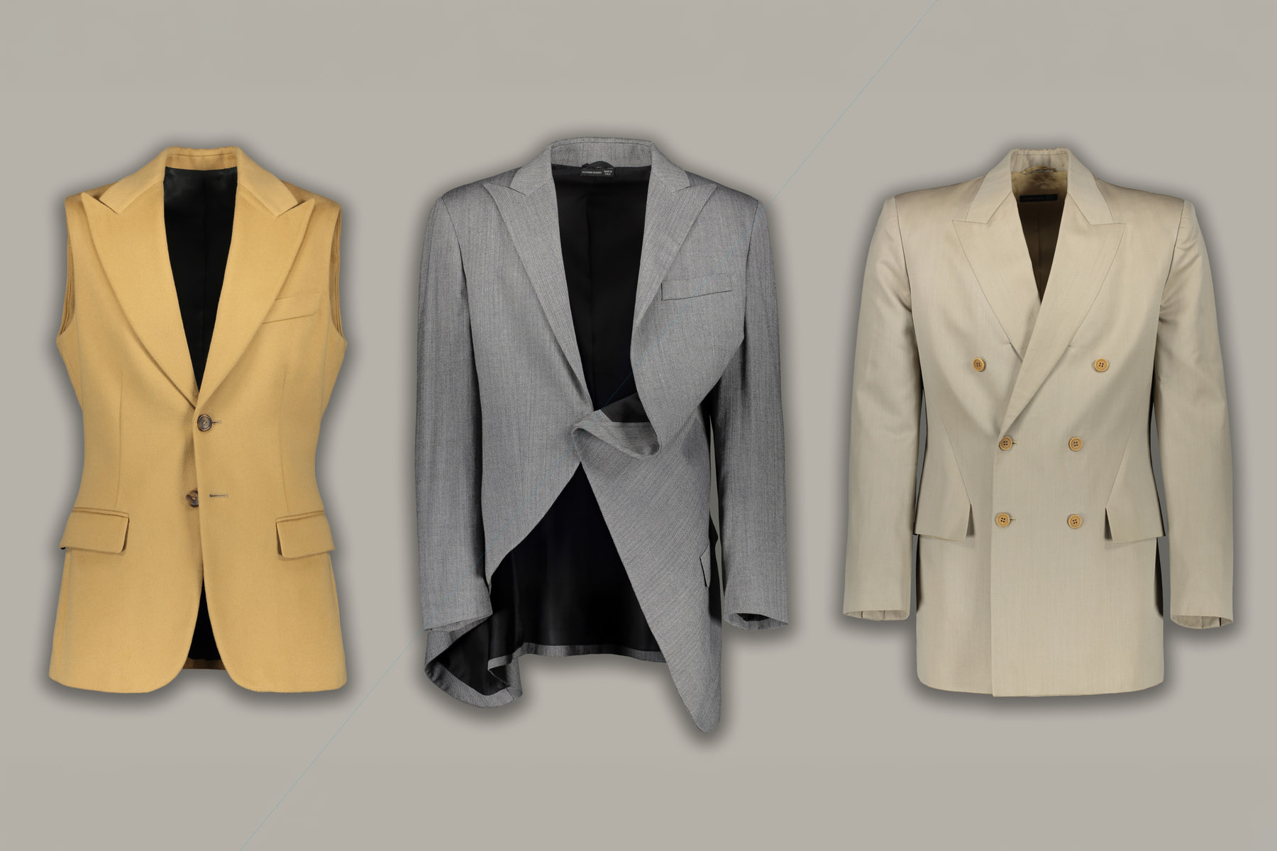 Three Alexander McQueen tailored garments in yellow, grey and cream from the Westminster Menswear Archive.
