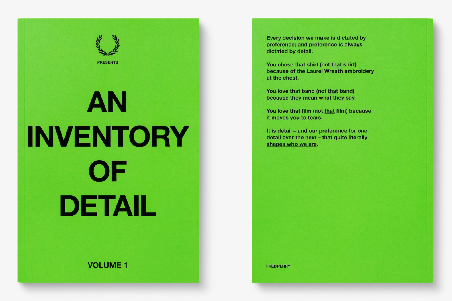 Green front and back covers of Fred Perry’s An Inventory of Detail, Volume 1.