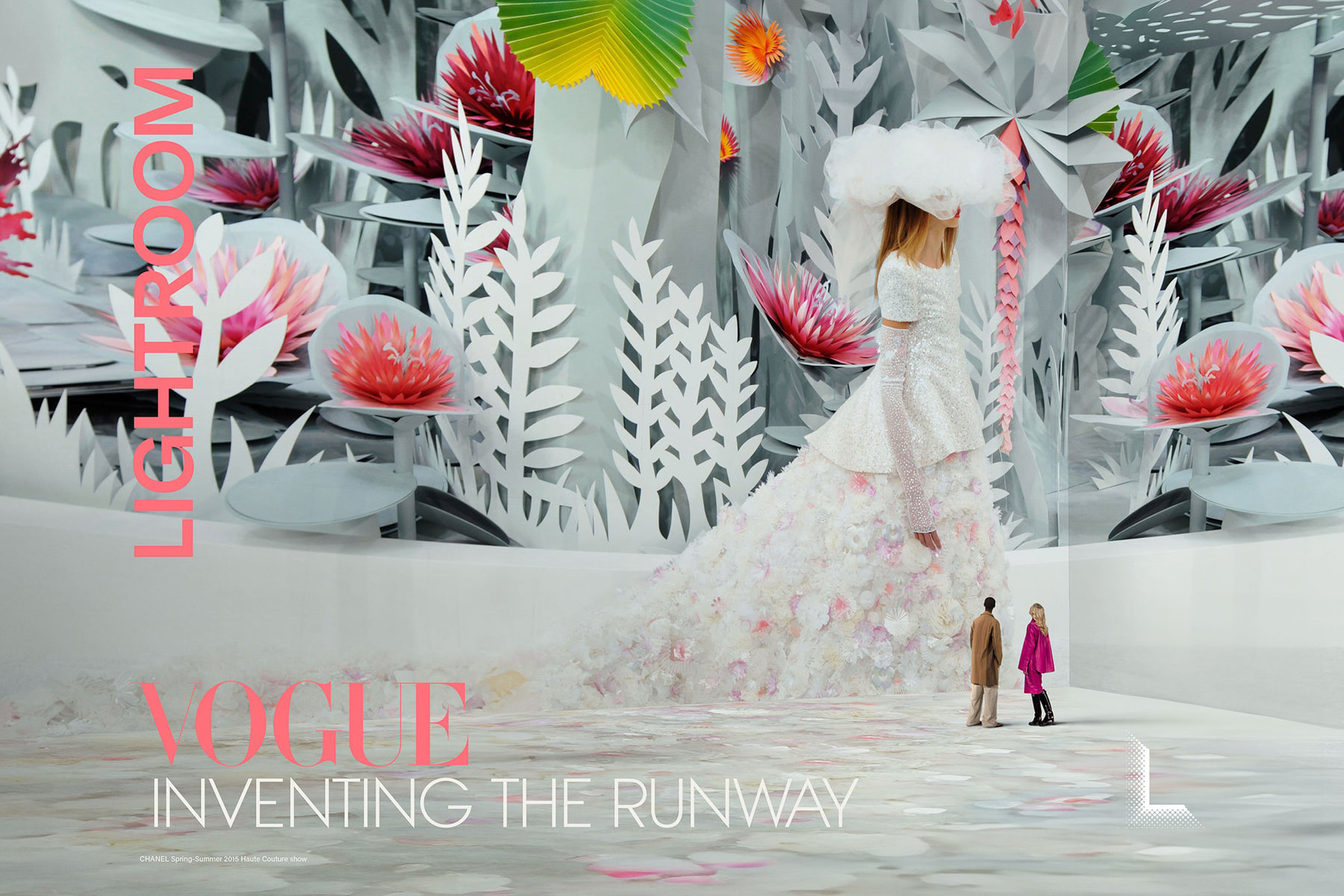 Promotional artwork for Vogue and Lightroom’s Inventing the Runway, showing a large Chanel runway scene and two visitors.