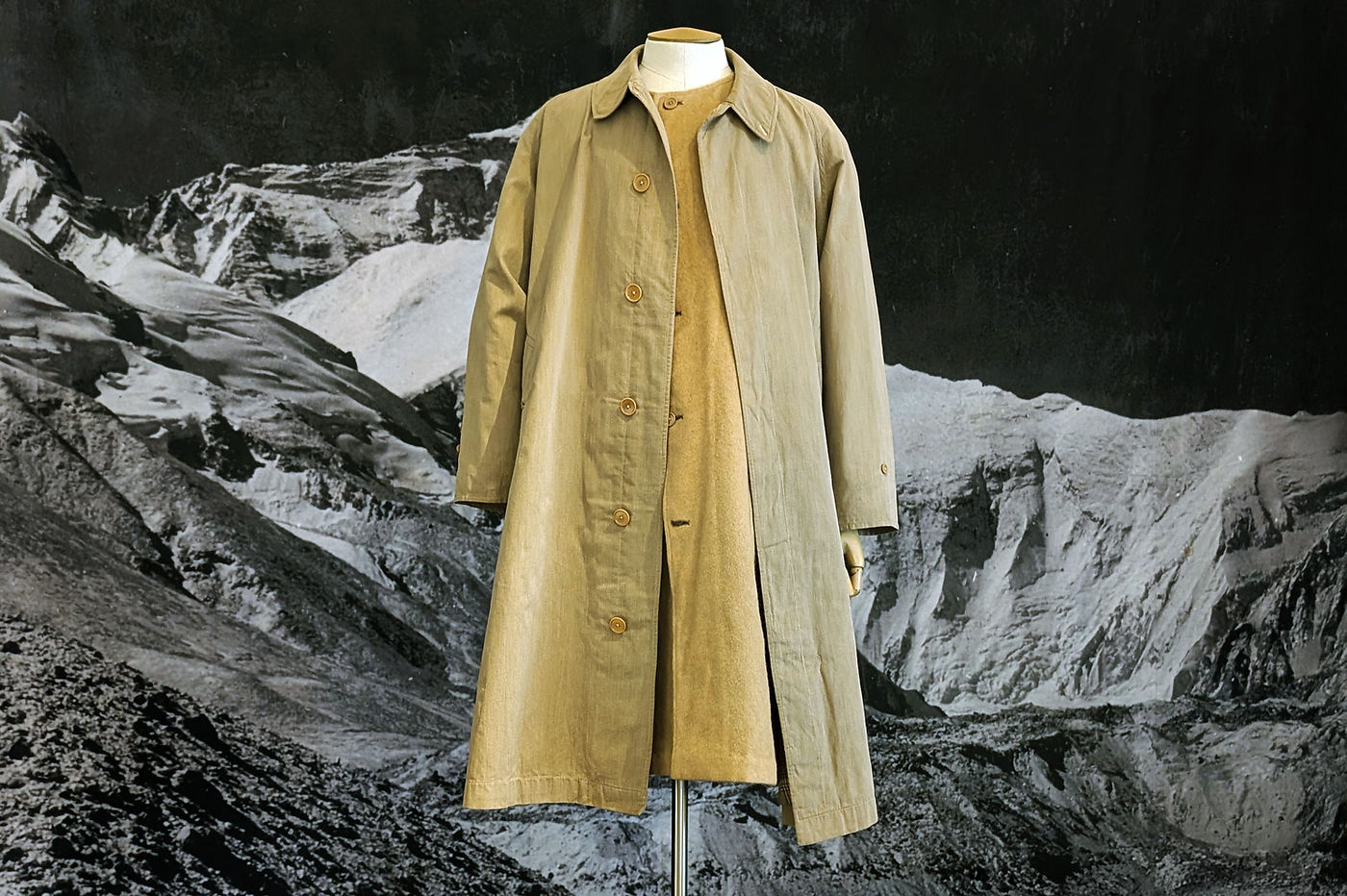 Burberry coat displayed in Pioneers of the Material World at Towneley Hall